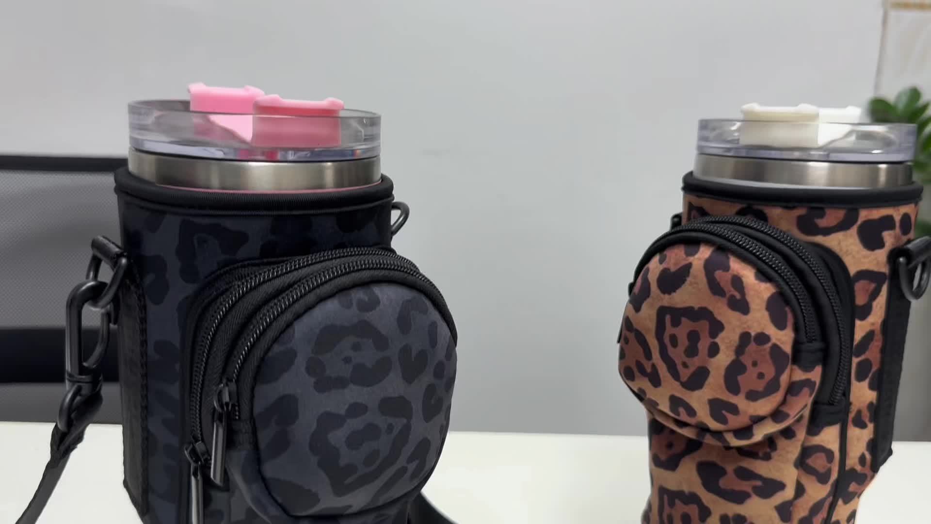 1pc Neoprene Sports Water Bottle Sleeve with Adjustable Shoulder Strap and Pocket, Universal Fit for 40oz Tumblers, Outdoor Carrying Case with Leopard Print Design