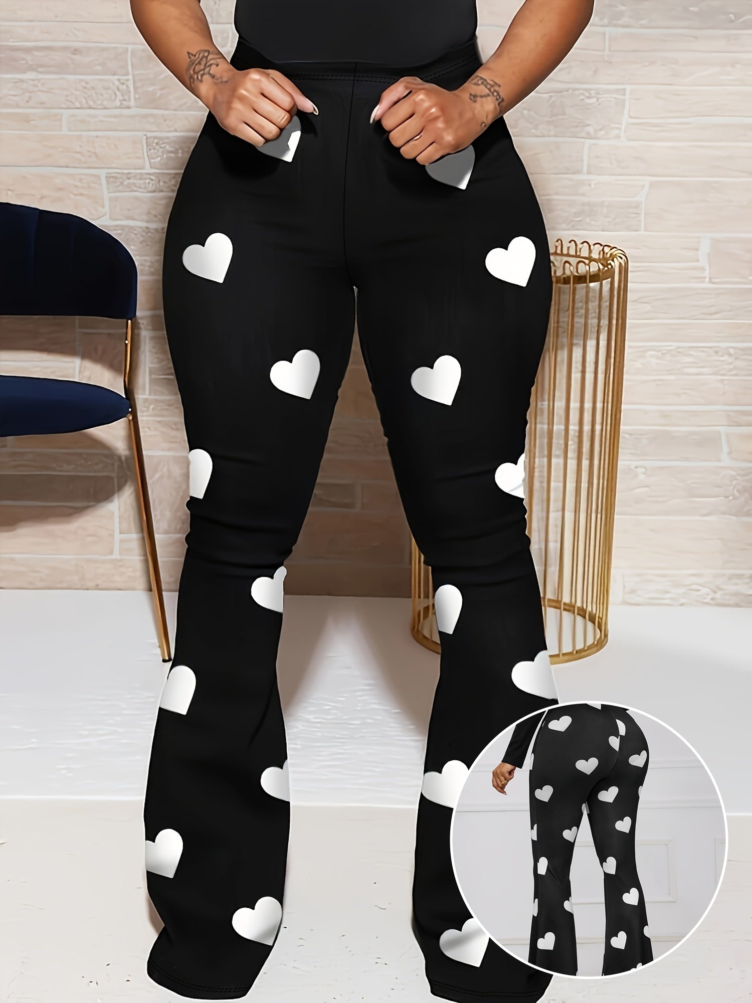 Stylish Heart Print Flare Leg Pants - High Waist, Casual, Versatile, Comfortable, and Chic Womens Clothing for Spring and Summer - Perfect for Daily Wear, Outdoor Activities, and Travel
