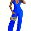 Royal Blue Halter Neck Jumpsuit for Women - Sexy Backless Pleated Wide Leg Romper, Boho Style, Deep V-Neck, Sleeveless, Machine Washable, Ladies Rompers And Jumpsuits