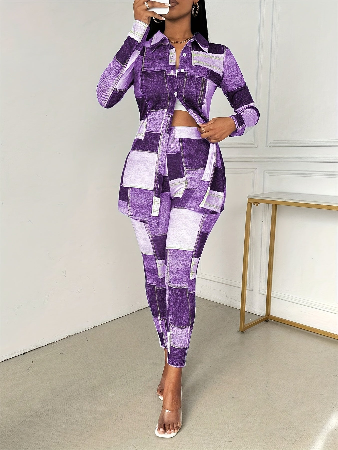 Women'S Plaid Print Button- Collar Long Sleeve Top And Pant Suit, Spring/summer Women'S Wear