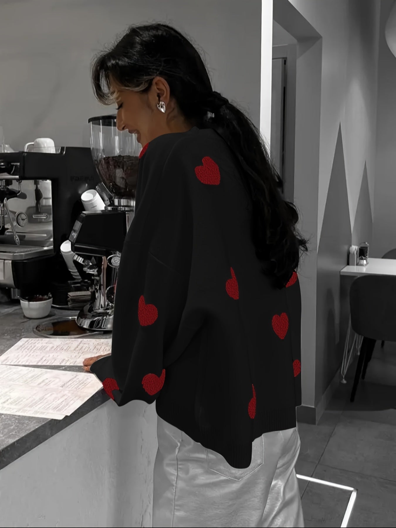 Valentine's Day Heart Pattern Sweater, Casual Long Sleeve Drop Shoulder Sweater, Women's Clothing