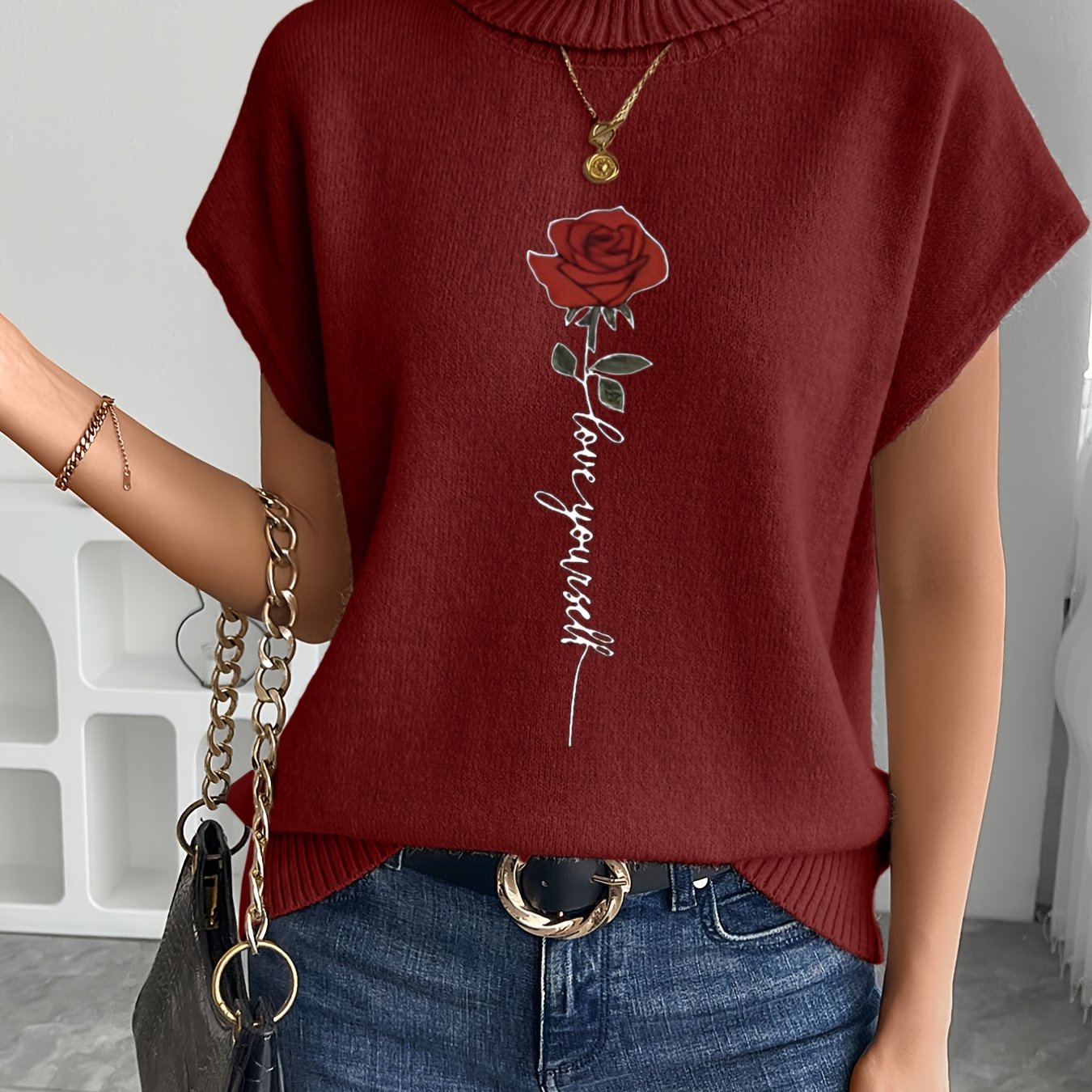 Women's Casual Rose Print Sleeveless Knit Vest - Elegant Beige Sweater with High Neckline and Stretchy Fabric, Perfect for Spring/Summer/Fall