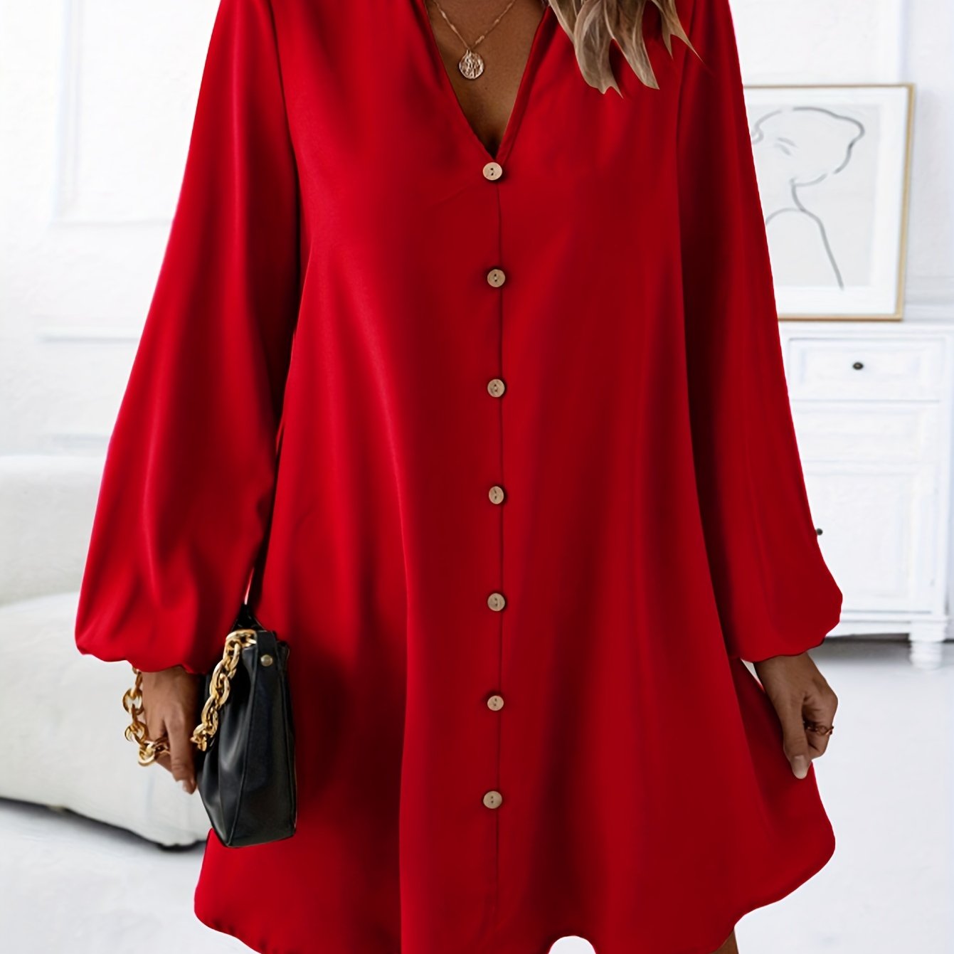 Effortlessly Chic Solid Color V-Neck Dress - Long Sleeve, Loose Fit for Spring & Fall - Stylish Womens Wardrobe Essential