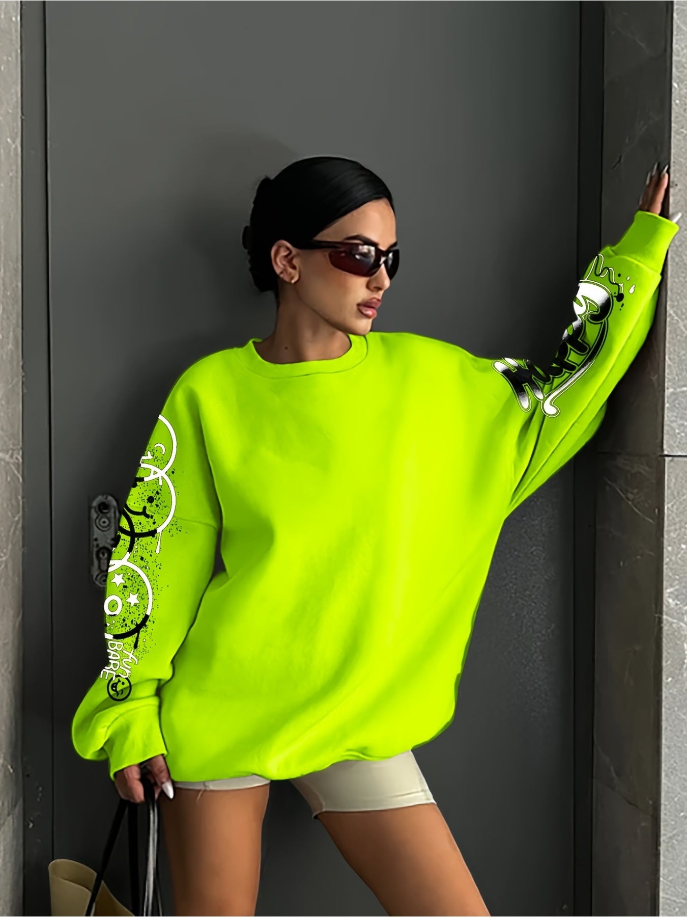 Women's Vibrant Neon Green Graffiti Print Sweatshirt -"HAPPY" & Heart Graphic, Long Sleeve, Lightweight Polyester Blend, Machine Washable, Style