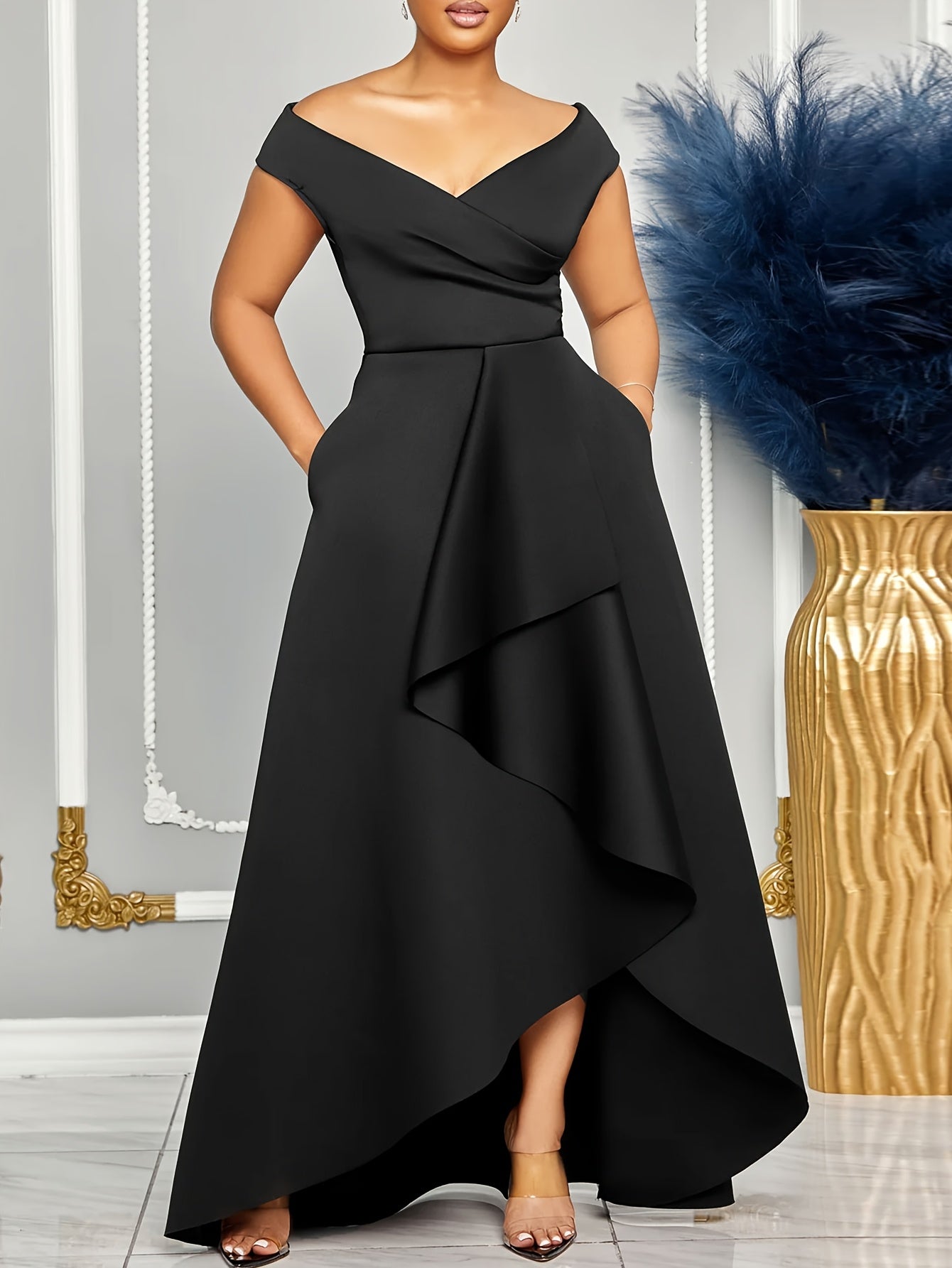 Elegant Off-Shoulder Deep V-Neck Midi Dress for Women - Chic One-Shoulder Waist, Vibrant Green, Perfect for Parties & Fashion-Forward Events