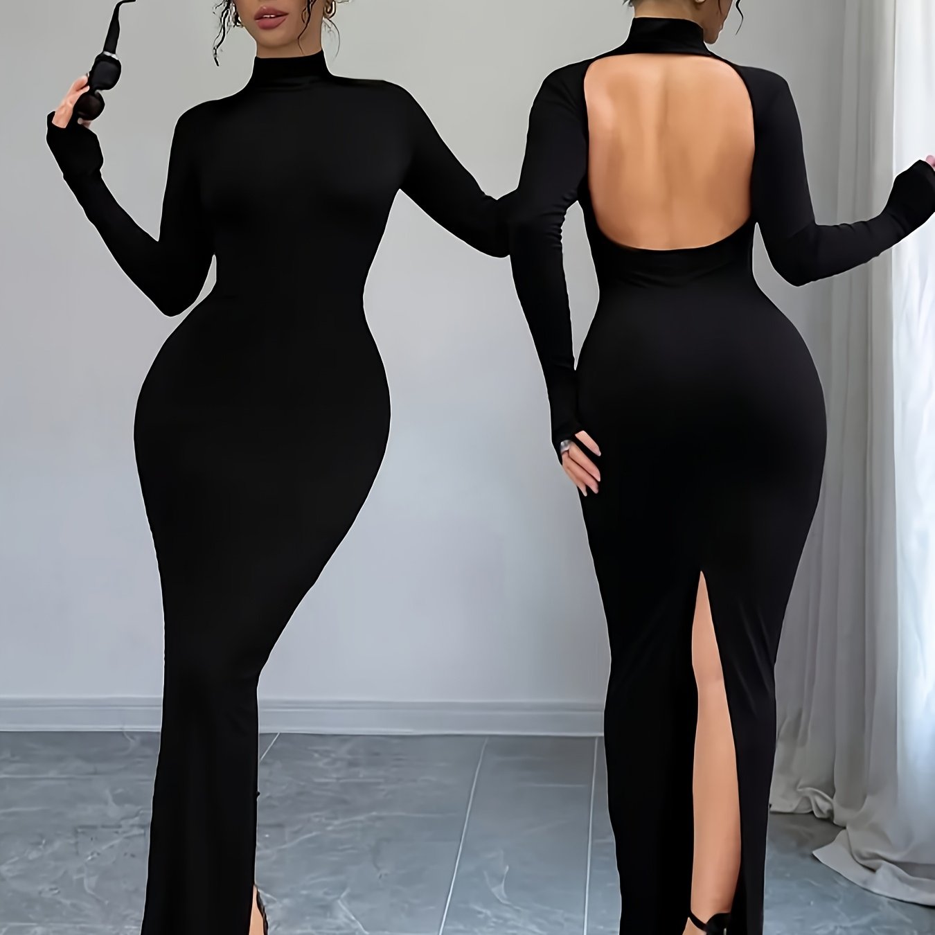 Elegant Long Sleeve Bodycon Dress - Round Neck, Backless Design, Stretch Polyester Fabric, Machine Washable - Perfect for All Seasons, Form-Fitting Maxi Dress for Women, Tight Fitted Dress