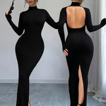 Elegant Long Sleeve Bodycon Dress - Round Neck, Backless Design, Stretch Polyester Fabric, Machine Washable - Perfect for All Seasons, Form-Fitting Maxi Dress for Women, Tight Fitted Dress