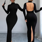 Elegant Long Sleeve Bodycon Dress - Round Neck, Backless Design, Stretch Polyester Fabric, Machine Washable - Perfect for All Seasons, Form-Fitting Maxi Dress for Women, Tight Fitted Dress