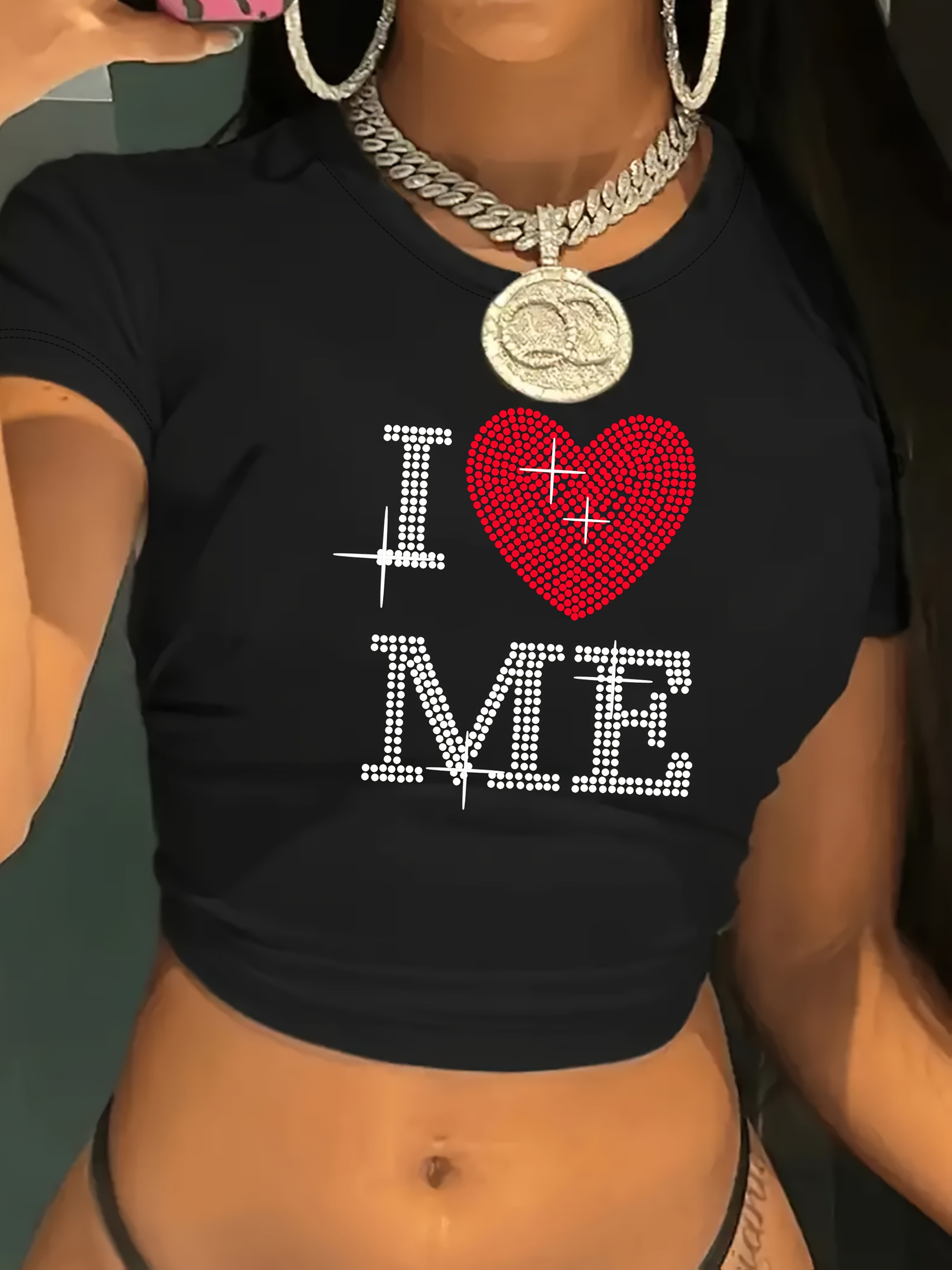 Y2K "I LOVE ME" Letter Print T-Shirt for Women - Casual Crew Neck Short Sleeve Top with Red Heart & Star Design, Breathable Polyester Blend, Medium Stretch, Machine Washable, All-Season Comfort, Versatile Clothing, Round Neck