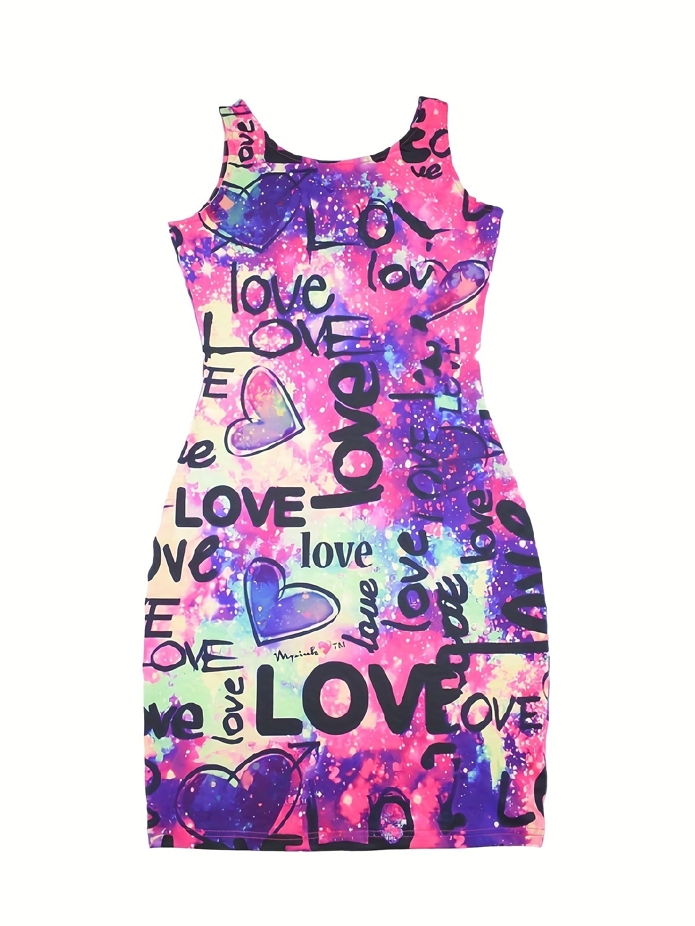 Love Letter Print Tank Dress, Casual Slim Bag Hip Random Printing Dress, Women's Clothing
