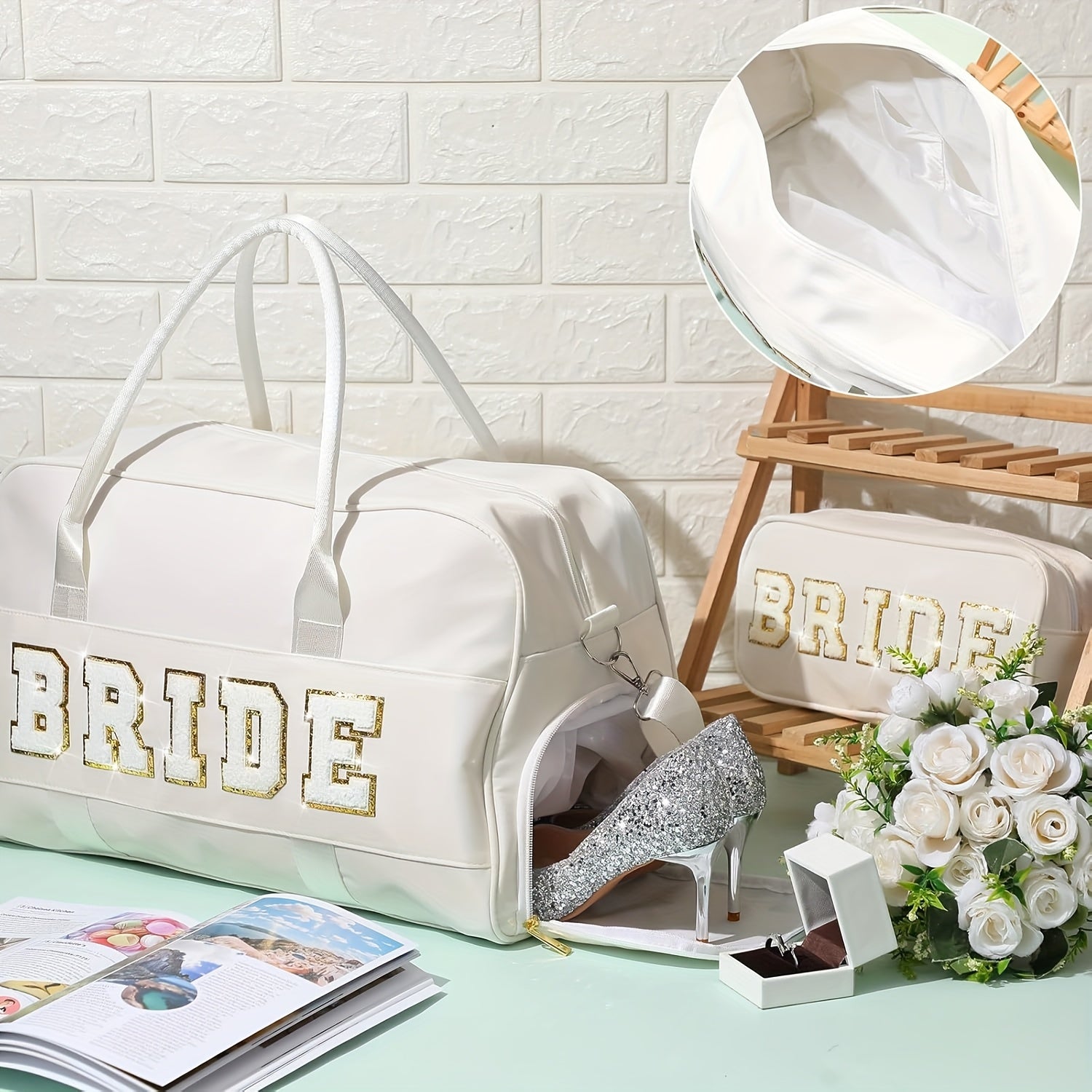 2pcs Wedding Weekender Bag Bride Groom Duffle Bag Chenille Letter Patch Travel Bag for Bridal Shower Honeymoon Gift(Bride)