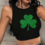 1pc St. Patrick'S Day Women'S Fashion Tank Top, Casual Round Neck Sleeveless Vest, Knitted Polyester Fabric, Stretch Fit, with Glitter Clover Print, for All-Season Chic Clothing