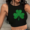 1pc St. Patrick'S Day Women'S Fashion Tank Top, Casual Round Neck Sleeveless Vest, Knitted Polyester Fabric, Stretch Fit, with Glitter Clover Print, for All-Season Chic Clothing