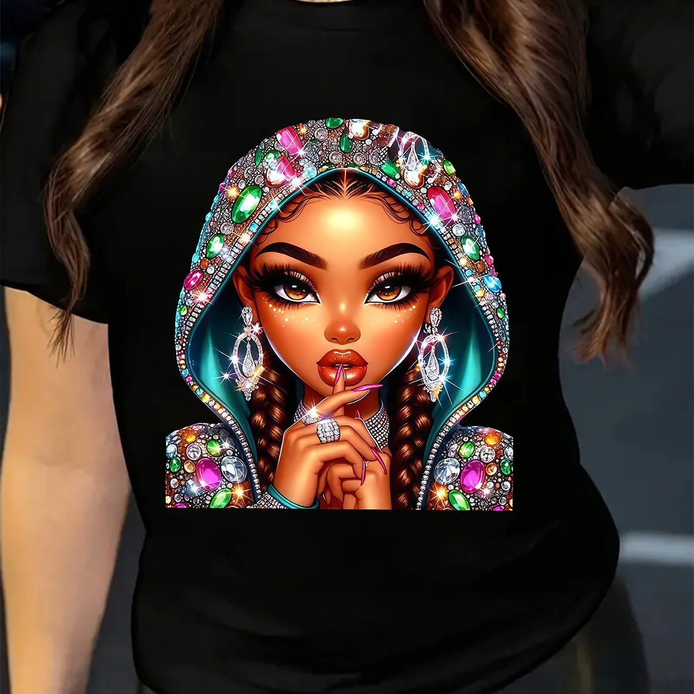 New Spring And Summer Collection Featuring a Sparkling Girl Design with Faux Rhinestone Hat Patterns, Along with a Women'S Printed Short-Sleeve Casual T-Shirt, Perfect for Gifting to Friends in The Spring And Summer.