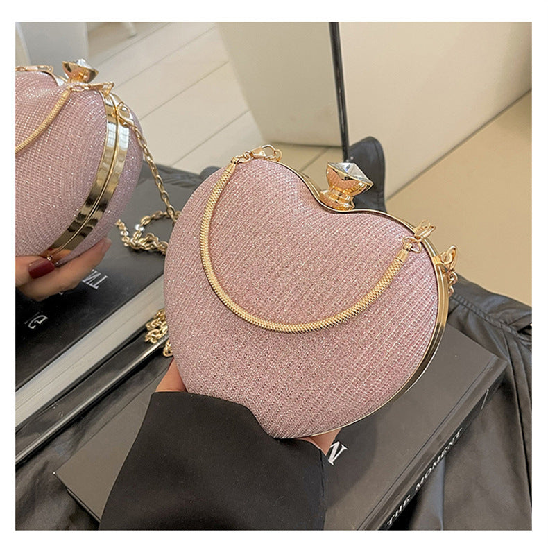 Ladies Fashion Shining Chain Crossbody Bag, Elegant Shoulder Heart Shaped, Metal Embellished, Black, with Buckle Closure, for Party, Wedding, Date