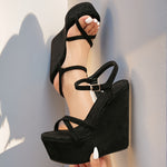 Women'S Black Faux Fur Platform Sandals with Buckle Closure - Stylish High Heel, Open Toe, and Thick Sole, All-Season Footwear, Fashionable Footwear | Platform Heel Sandals | Buckle Closure Sandals