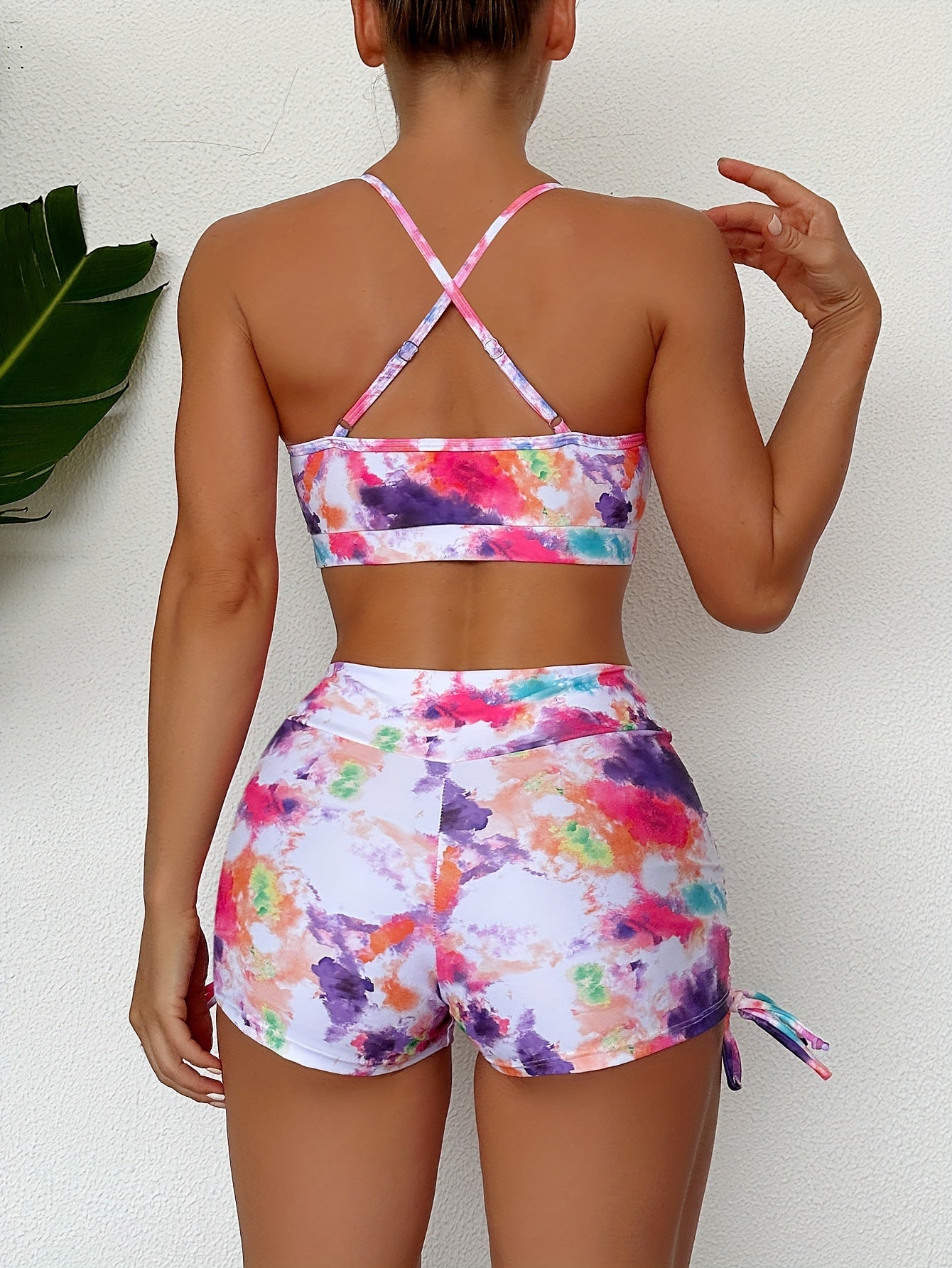 Tie Dye Drawstring High Waist 2 Piece Set Bikini, Criss Cross Spaghetti Strap Stretchy Swimsuits, Women's Swimwear & Clothing
