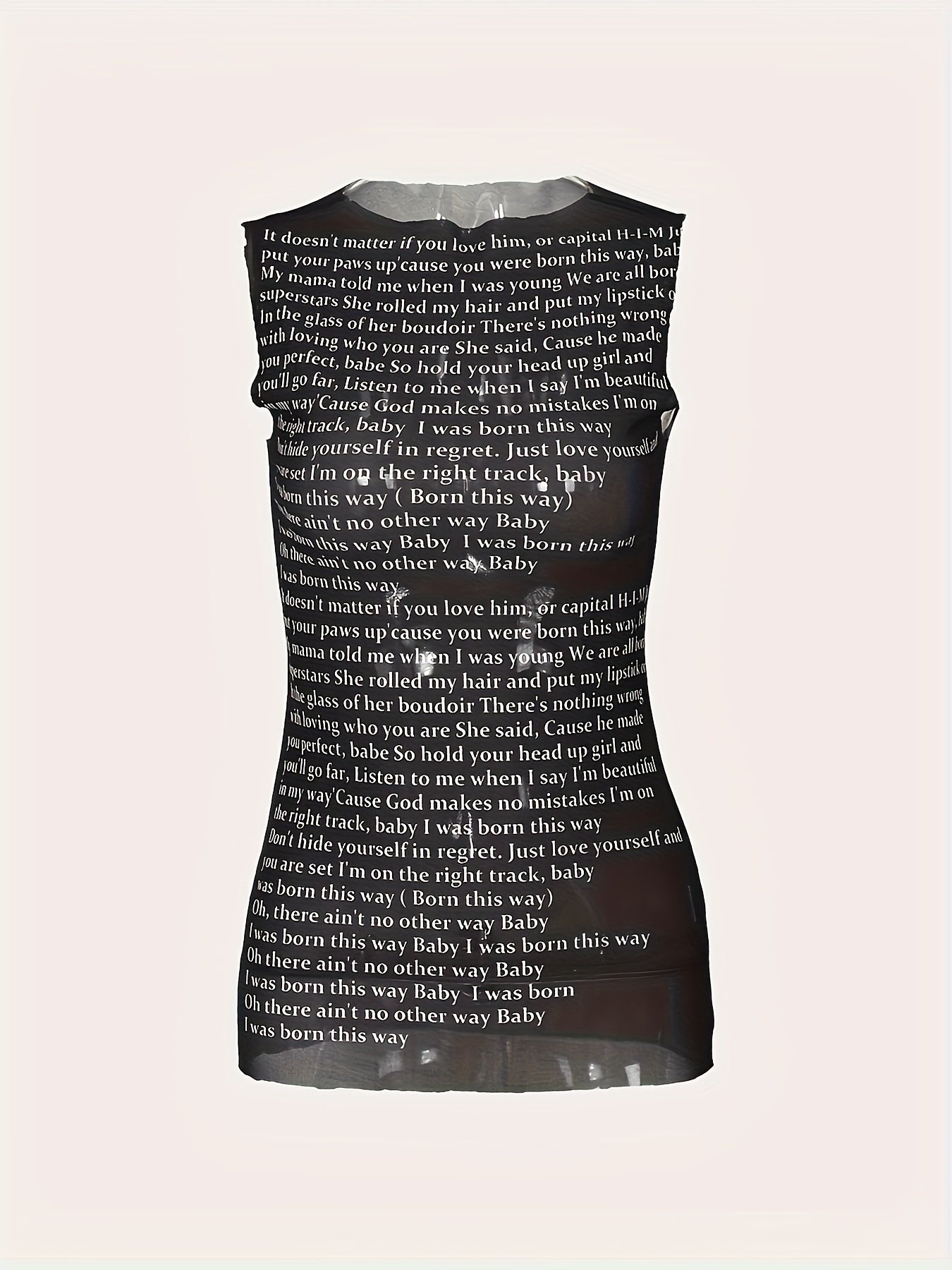 Women'S See-Through Letter Print Sleeveless Top - Stretchy Mesh Fabric, Round Neck, Sexy Backless Design for Club & Casual Wear, Spring Fashion Tee, Versatile Clothing | Backless Fashion | Mesh Fabric Top