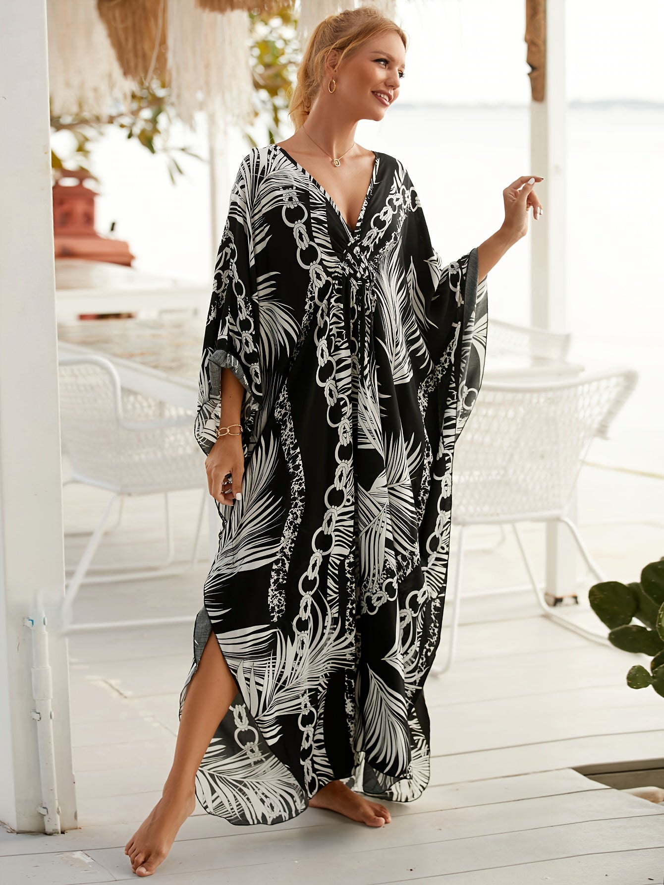 Plus Size Boho Viscose Beach Cover Up Dress - All Over Print Knotted V-Neck Pullover with Woven Fabric, Non-Stretch