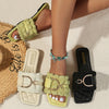 Women's Stylish Slide Sandals with Metallic Buckle - Comfortable Flat Open-Toe Slippers, Non-Slip Rubber Sole, Elegant Summer Fashion Shoes for Casual Outfits, Black & Green Options, Summer Footwear | Stylish Buckle Design |
