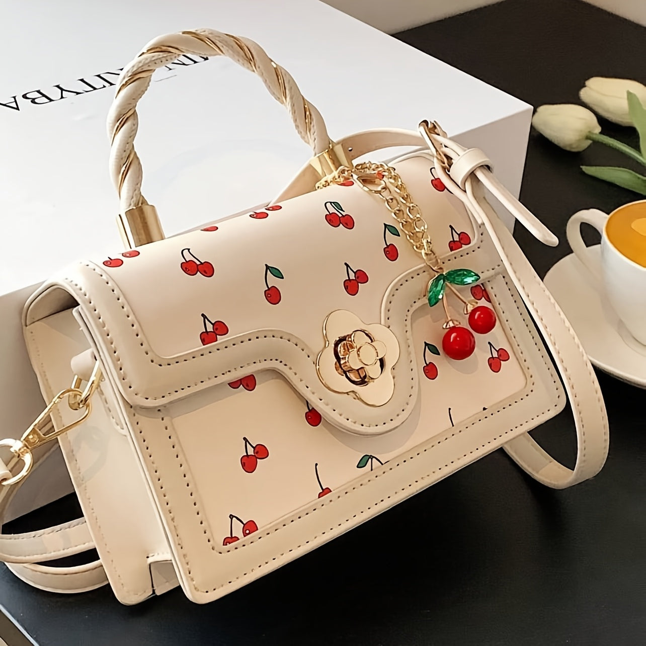 Fashionable High-End PU Tote Bag with Versatile Square Shape and Cute Cherry Print, Perfect for Shopping, Dating Or Cross-Body for Girls., Kawaii Cherry Elements