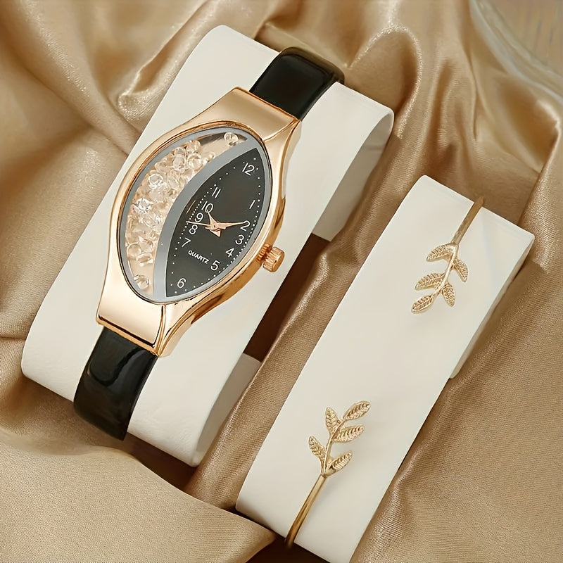 Beautiful wine barrel-shaped watch case alloy ladies quartz wristwatch paired with a leaf bracelet, perfect match and first choice for her gift