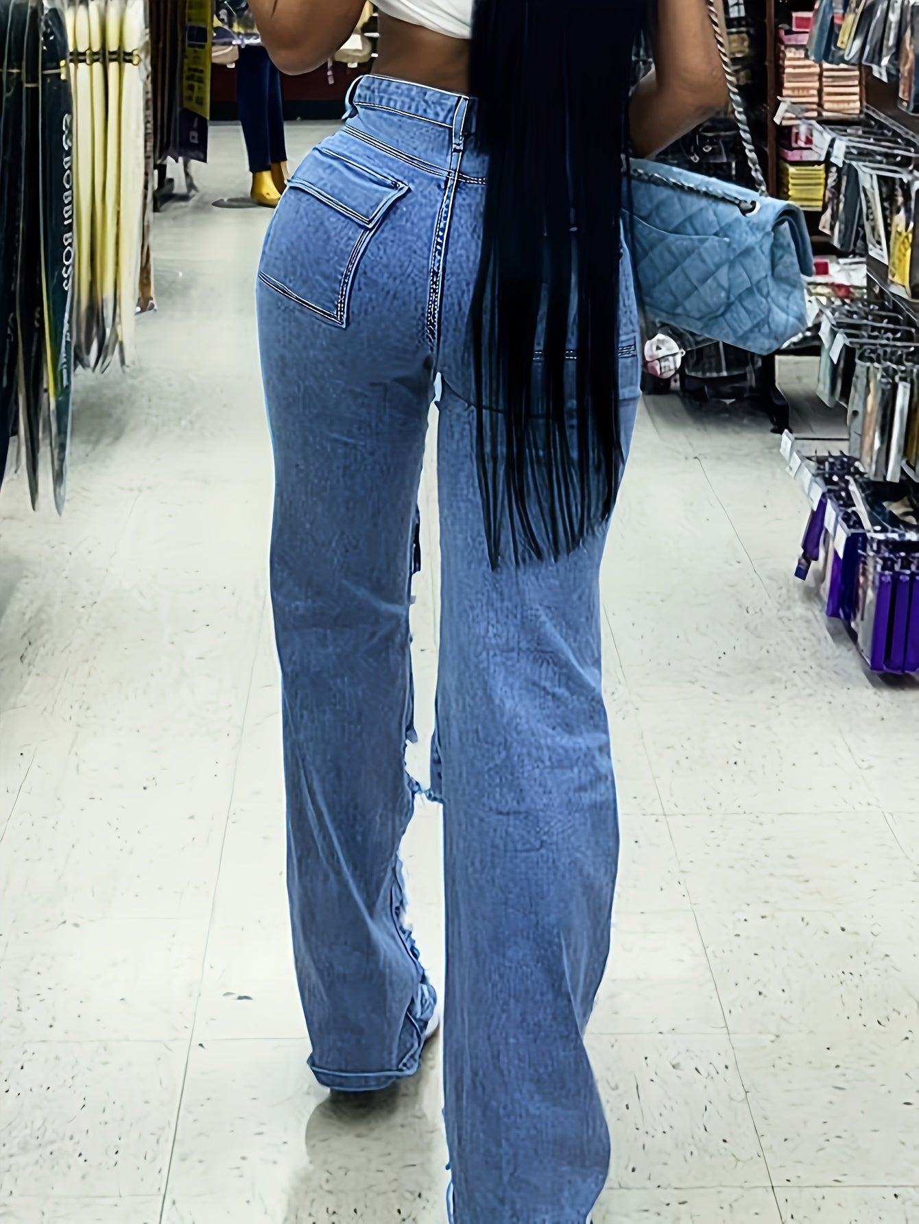 High Waisted Imitation Old Cut Hole Straight Leg Pants, Long Jeans, Loose Wide Leg Slanted Pockets And Button Closure, Multifunctional Women's Work Pants, Women's Jeans And Clothing