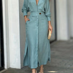 Split Hem V Neck With Pocket Dress, Elegant Long Sleeve Dress For Spring & Fall, Women's Clothing