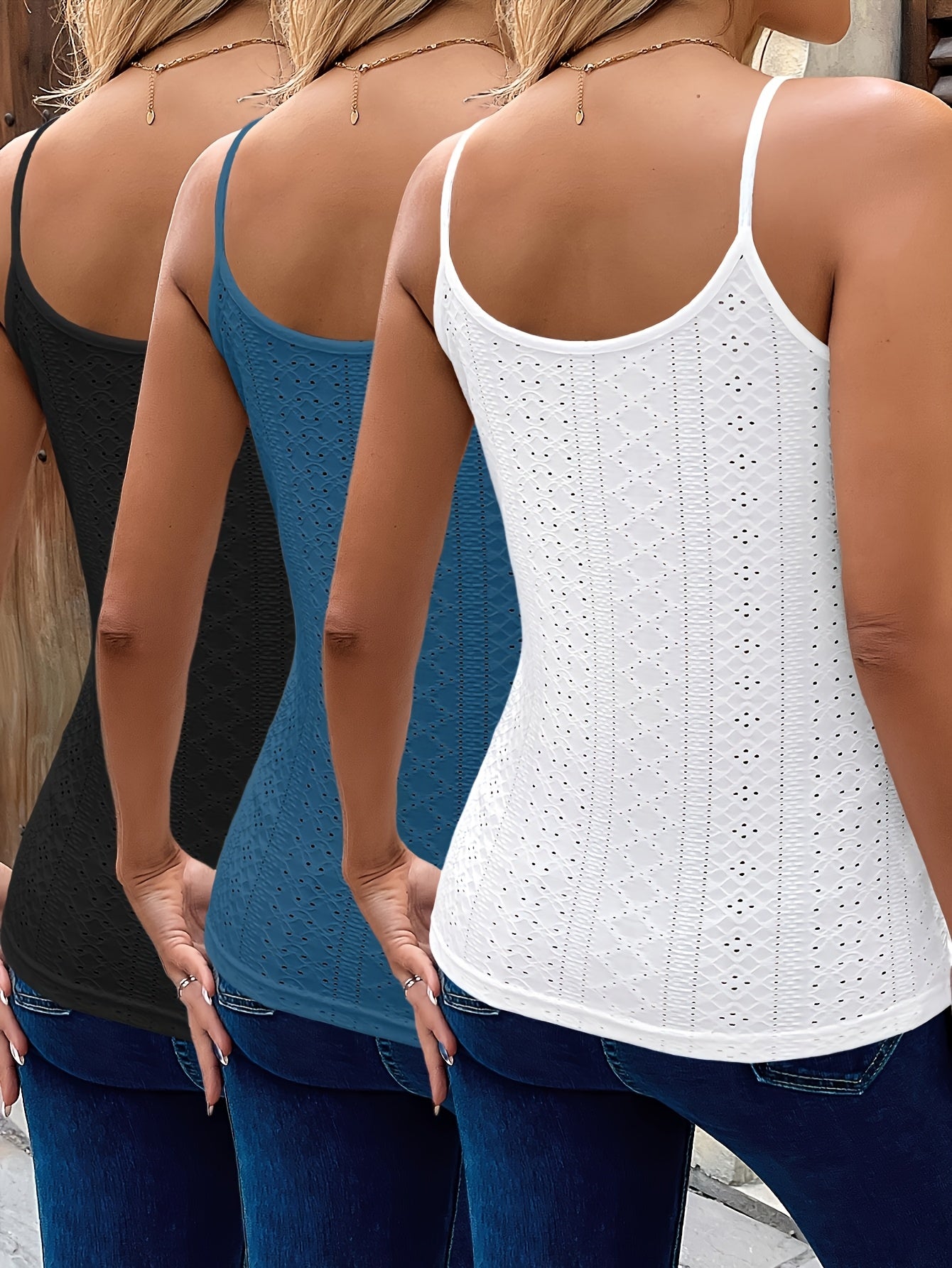 3pcs Knit Textured Lace Appliqué Casual Vacation Women's Camisole Set 379T-2