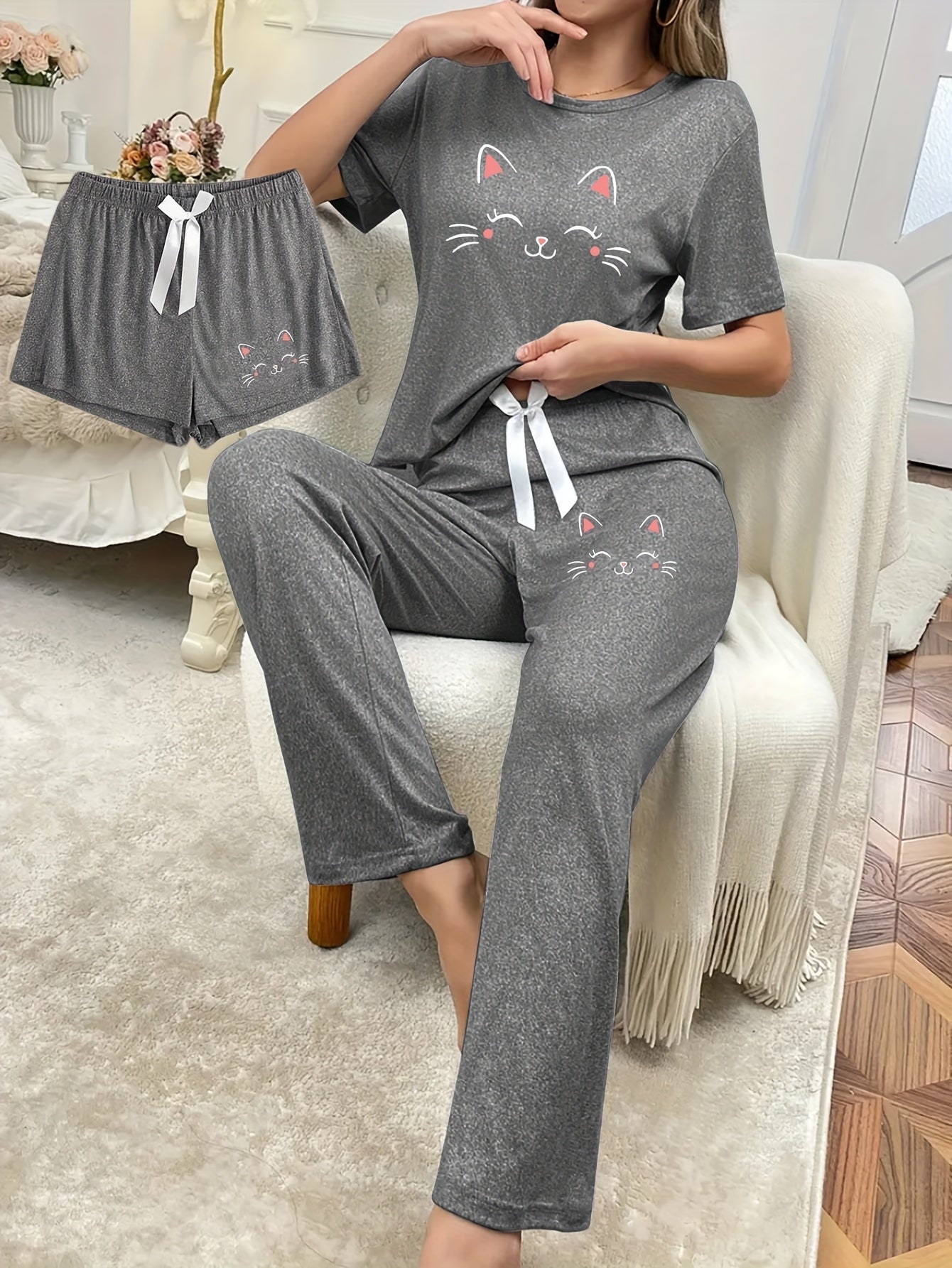 3pcs Cartoon joyful Cat Print Pajama Set for Women, Short Sleeve Top and Long Pants Shorts, Casual Comfortable Home Wear