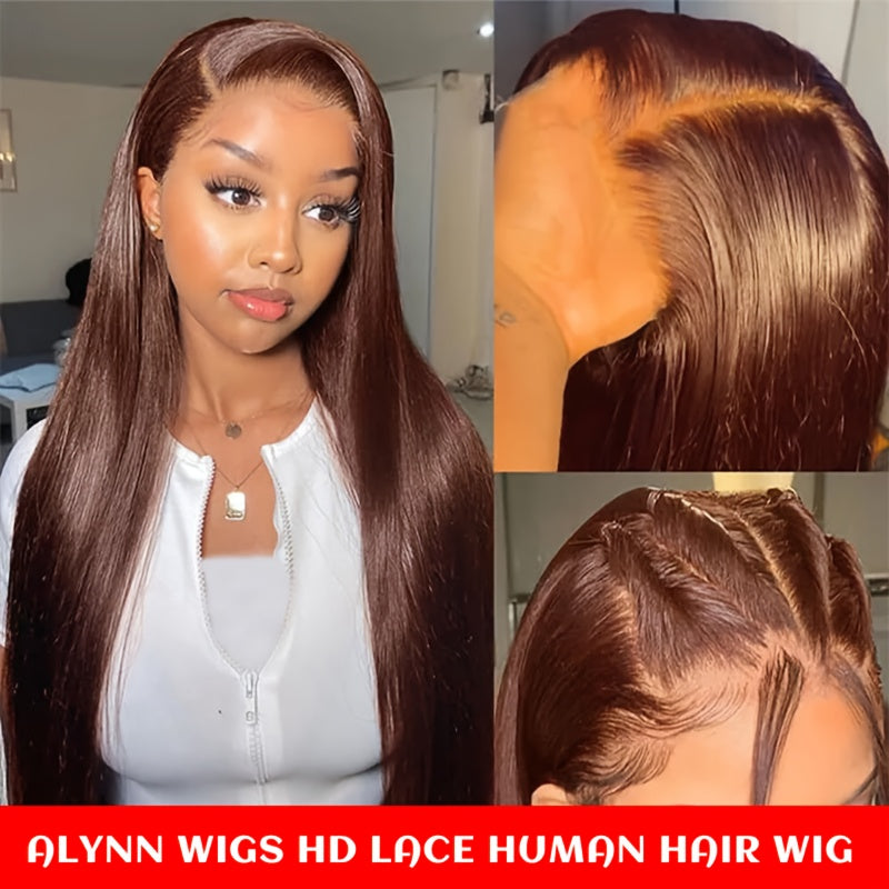 Spring 255% Straight Human Hair Full HD Lace T Part Straight Lace Frontal Wig Chocolate Brown Brazilian Hair #4 Dark Brown 13X6X1 Transparent Lace Front Wig Natural Hairline 13X6 T Part Wig with Baby Hair for Women Daily Wear
