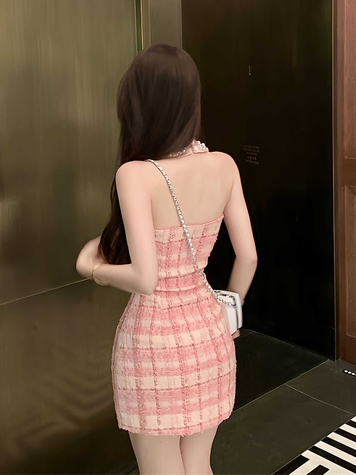 Elegant Pink Tweed Halter Dress with Beaded Detail - Sleeveless Bodycon Midi for Women, Plaid Pattern, Perfect for Spring/Summer/Fall, Chic Party Attire|Plaid Halter Dress|Woven Texture