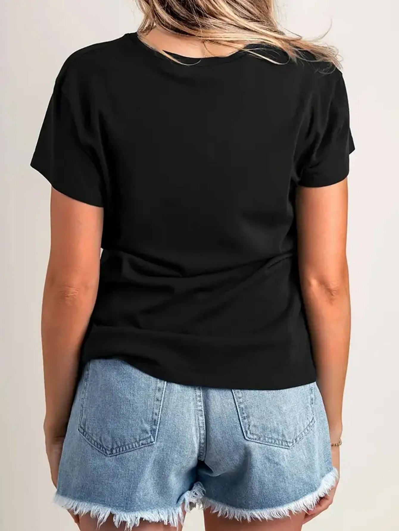 Women'S Black Geometric Crown Strap T-Shirt, Casual Round Neck Short Sleeve Top, Polyester Knitted Fabric, Four Seasons Fashion T-Shirt