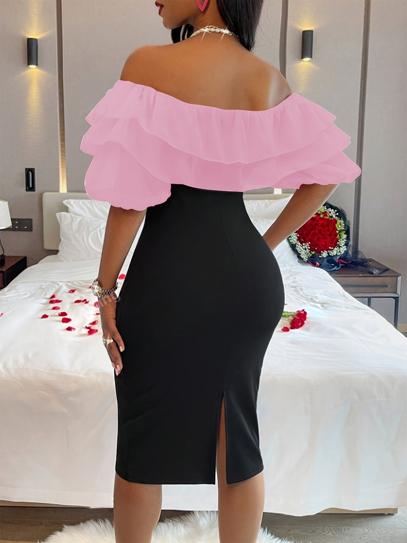 [Stretchy Comfort] Elegant Red Off-Shoulder Ruffled Dress for Women - Stretchy Bodycon Midi with Side Slit, Valentine’s Day Special Occasion, Machine Washable, Form-Fitting Design, Elegant Event Clothing | Ruffled Bodice |