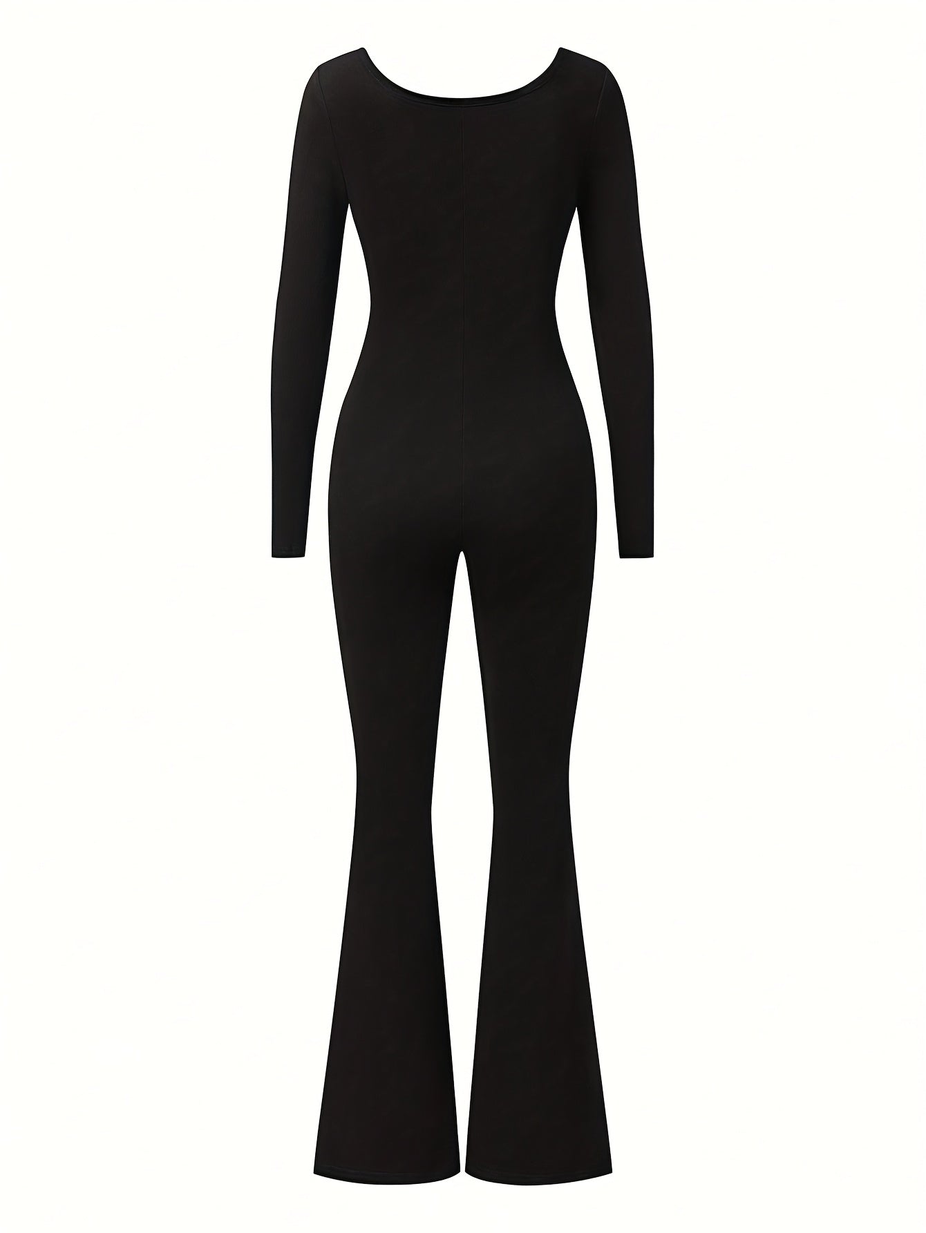 Women's Sexy Slim-Fit Black Jumpsuit - Long Sleeve Round Neck All-Season Machine Washable Casual & Formal Wear for Office, Parties, Everyday Outfits, Snowy Environment Clothing | Flared Pants | Formfitting Design