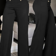 Women'S Elegant High-Waist Wide Leg Pants - Black Polyester Straight Leg with Button Detail, All-Season Fashionable Trousers for Casual or Dressy Wear