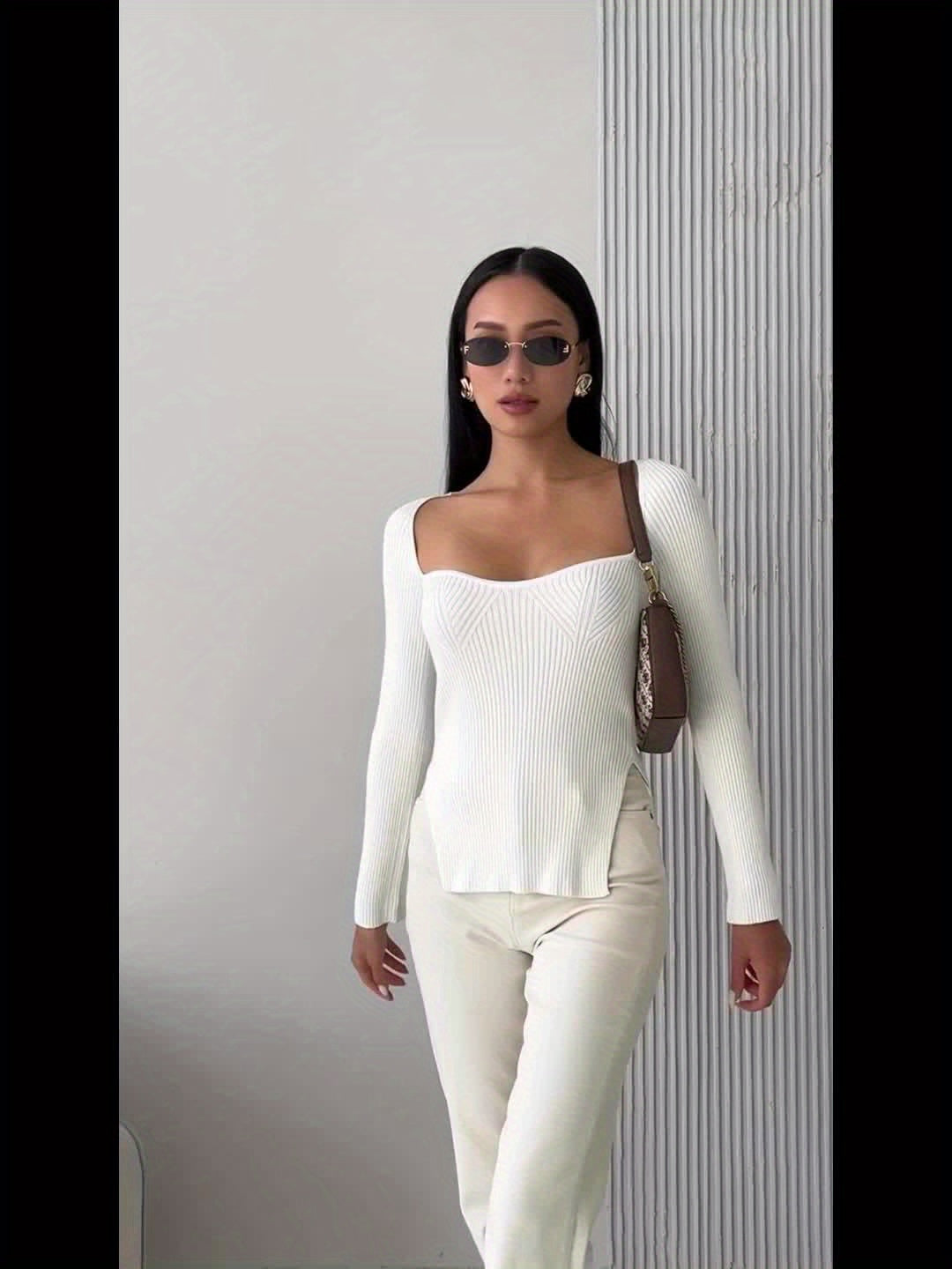 Asymmetrical Hem Sweetheart Neck Sweater - Elegant Long Sleeve Sweater For Fall & Winter - Women's Clothing - Soft & Cozy Fabric - Perfect Gift for Women