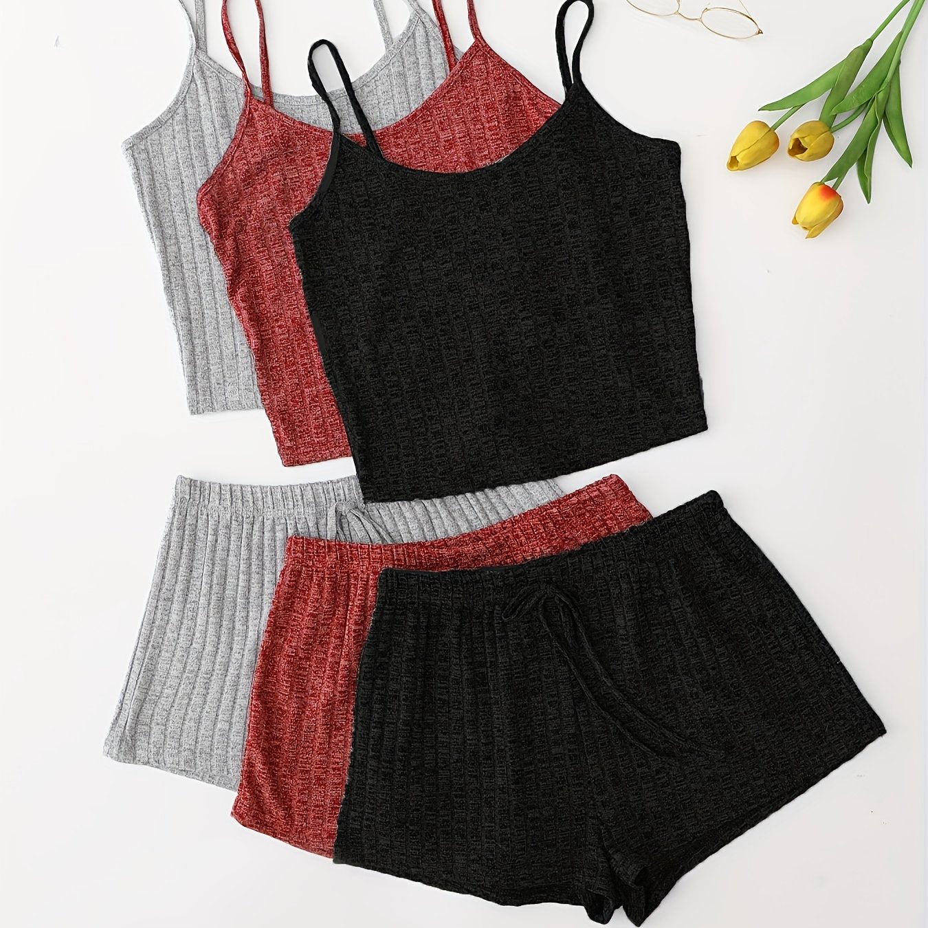 3 Sets Solid Pajama Set, Round Neck Cami Top & Lace-up Shorts, Women's Sleepwear & Loungewear