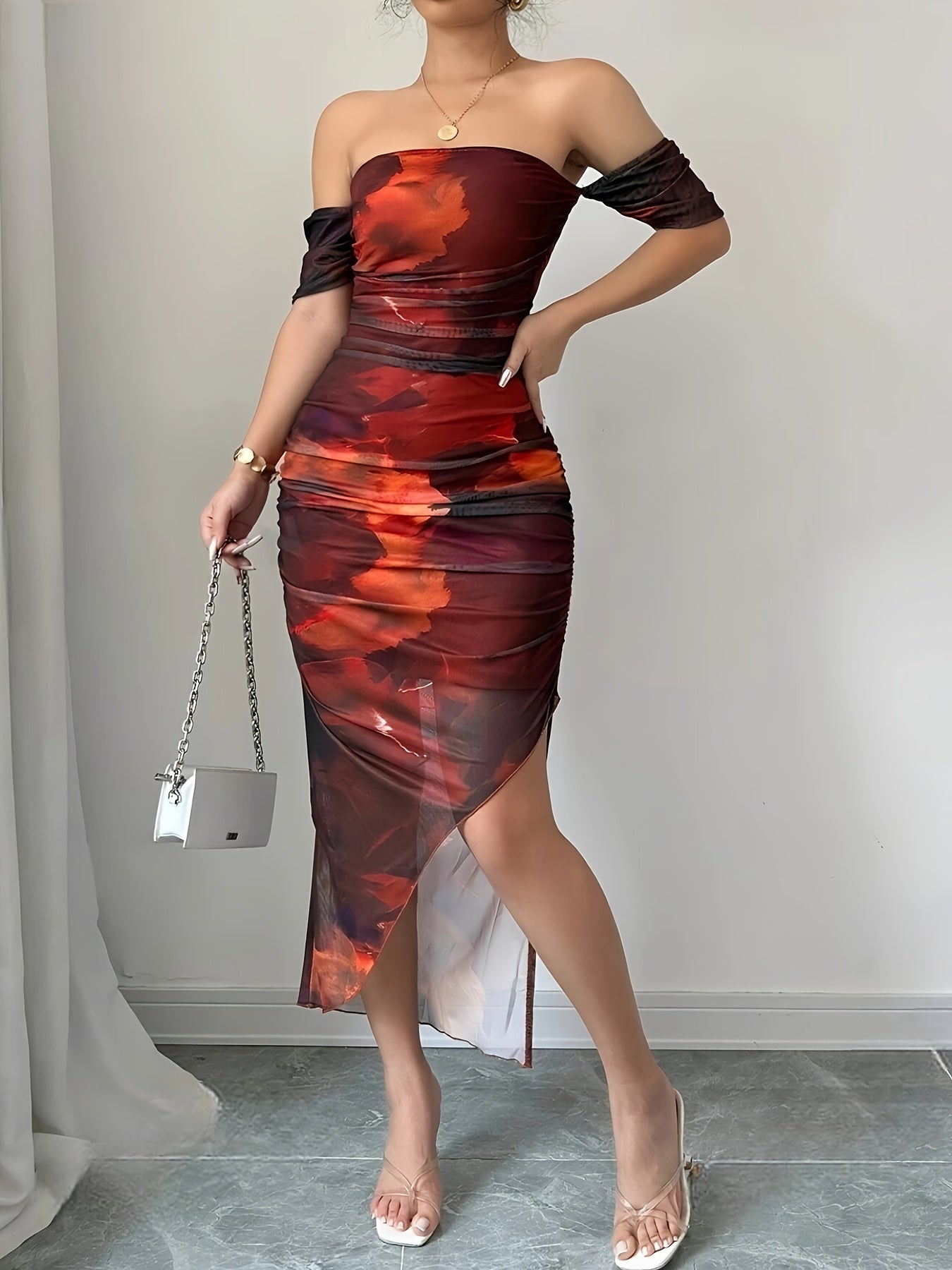 Stretchy Polyester Blend, Ruched Side Slit, Machine Washable, All-Season Bodycon for Women