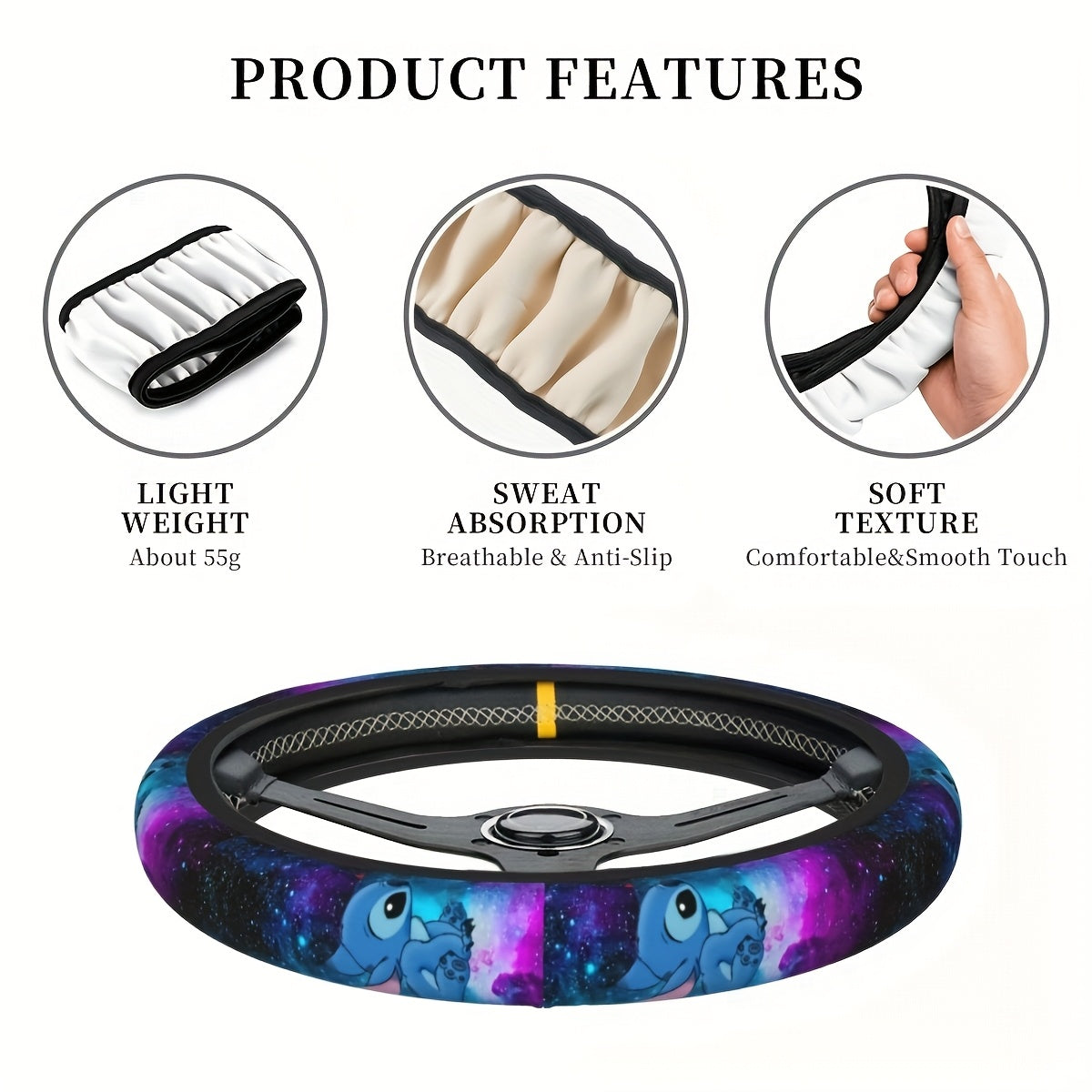 15 Inch Disney Stitch Catone Steering Wheel Cover, Universal Fit, No Inner Circle, Polyester Fiber, Anti-Slip, Protective, for Car, Truck, SUV, Men and Women