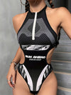 Slim Sexy Backless Halter Neck Bodysuit - Letter Print Cut Out Zip Up - Women's Clothing