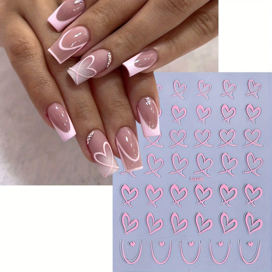 8pcs Rectangle Self-adhesive Glossy Plastic Nail Stickers, Pink Black White, Heart Pattern, Valentine Design, Golden Geometry Wave Lines Stripe Stars, Fantasy Theme, with Glitter, for Manicure Decoration