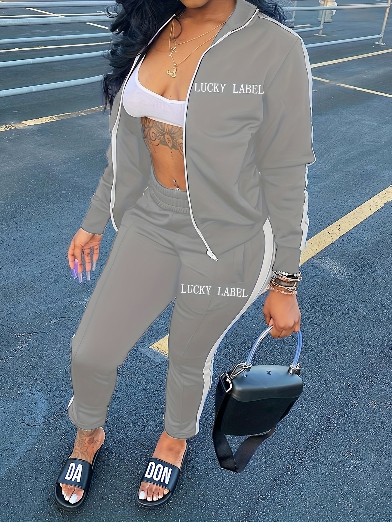 Women's Letter Pattern Striped Two-piece Set, Zip Up Long Sleeve Tops & Elastic Waist Pants Outfits - Casual Style - For Women - Perfect for Daily Wear, Parties & Going Out