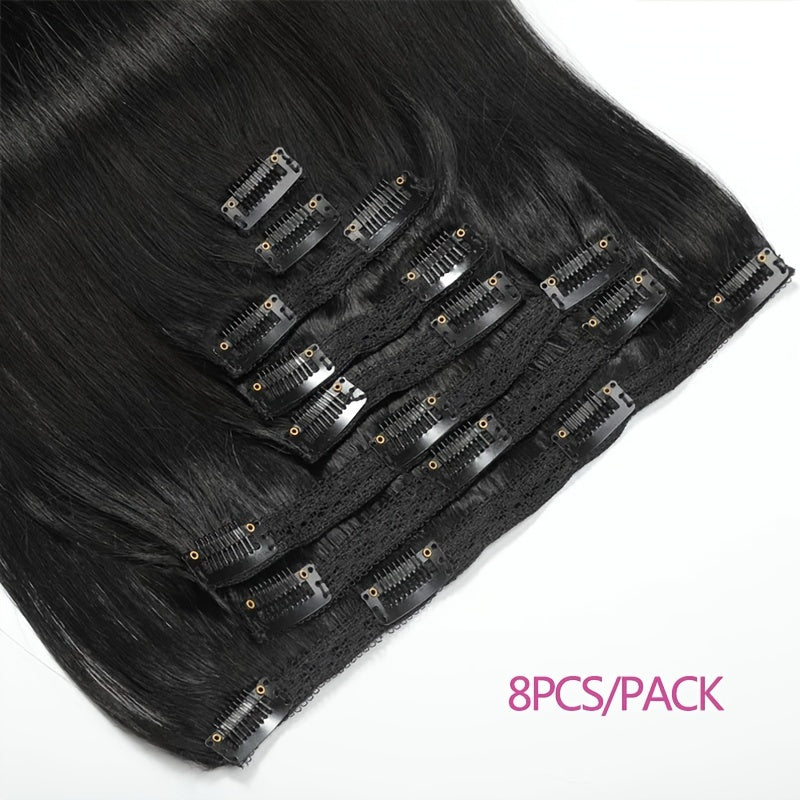 Straight Human Hair Clip In Hair Extensions For Women 100% Unprocessed Full Head Brazilian Virgin Hair Natural Black Color, 8/Pcs With 18Clips, 4.06 oz