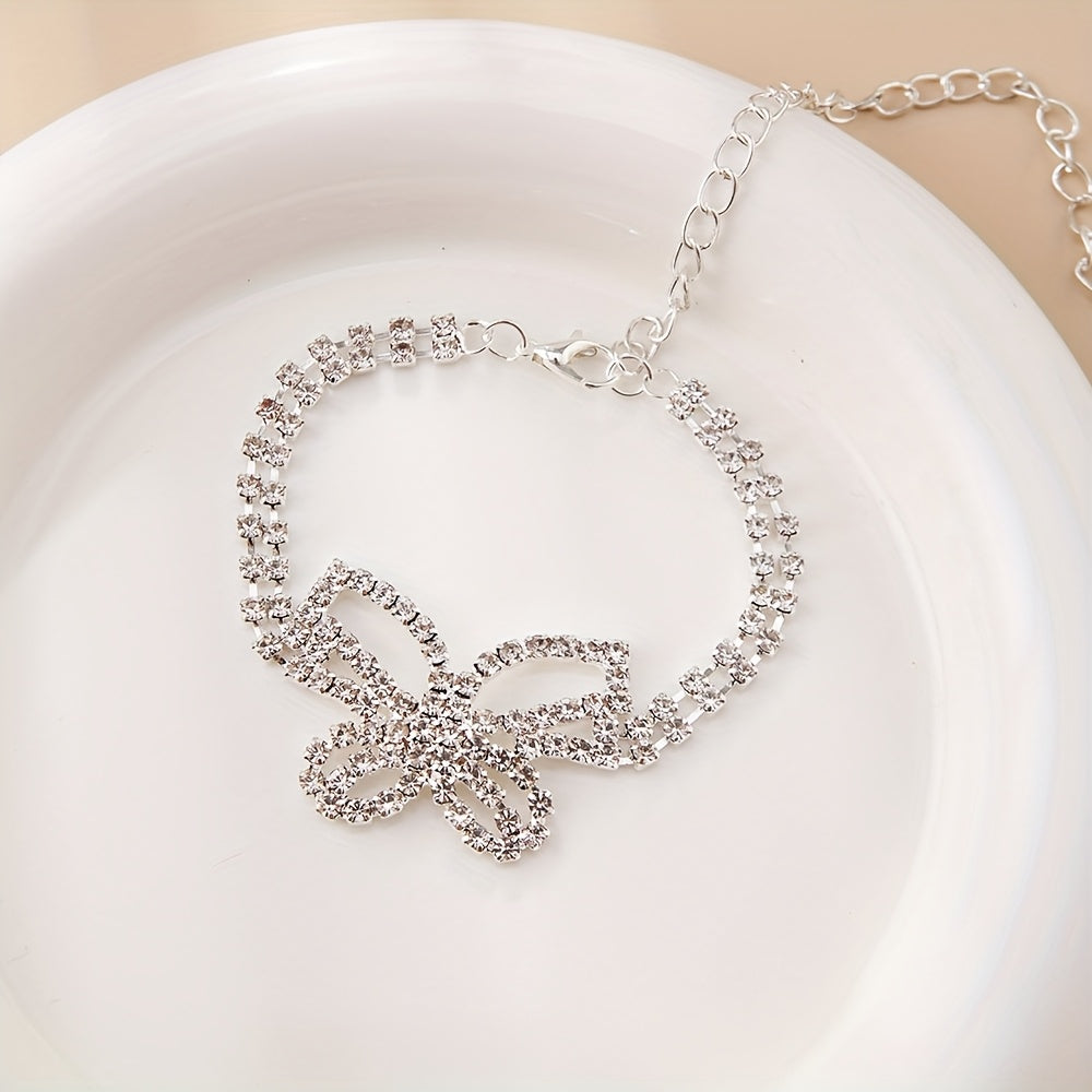 2pcs Butterfly-Shaped Full Rhinestone Decorated Alloy Hollow Charm Bracelet And Anklet Set - Sparkling, Sexy, And Street Style Accessories for Women - Perfect for Summer Beach Party, Gift-Giving, And Special Occasions
