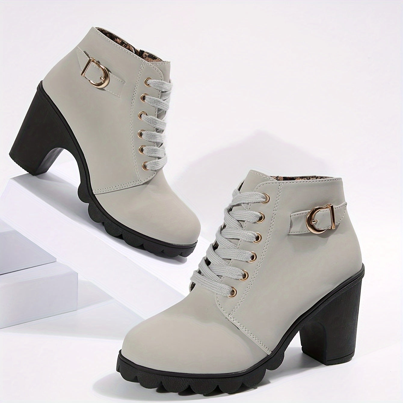 Trendy Womens Chunky Heel Ankle Boots - Secure Lace-Up, Smooth Zipper, Supreme Comfort - Mid-Calf Height, Stylish Design
