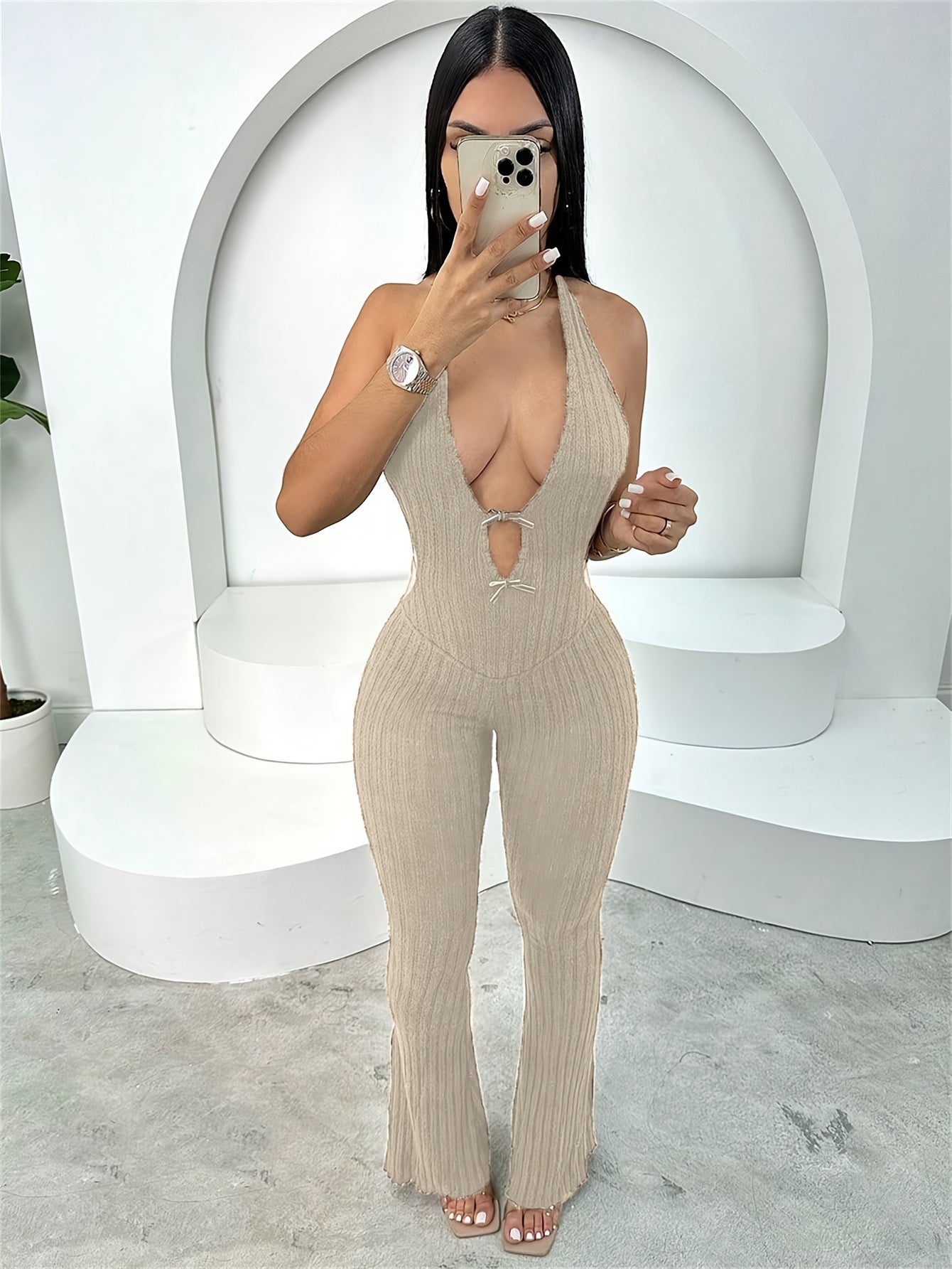 Inwoman Women's Sexy Backless Halter Neck Jumpsuit - Crisscross Sleeveless Fuzzy Knit Romper with Bow Detail, Solid Color Machine-Washable Night Party Wear for Spring/Summer, Romantic Evening Wear | Crisscross Design | Detail