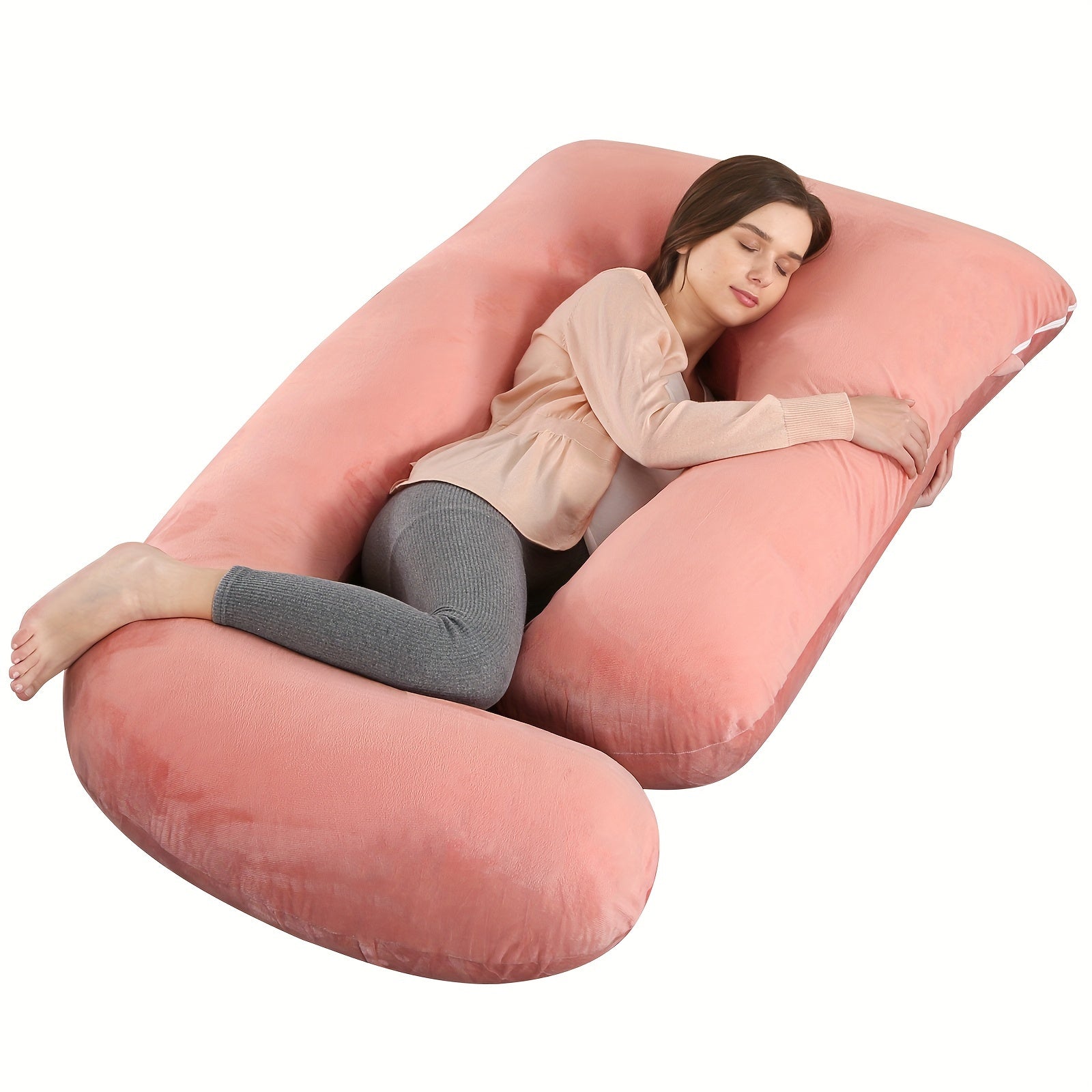 62 Inch J-Shaped Body Pillow with Removable Velvet Cover - Machine Washable Medium-Soft Support Pillow for Full-Body Comfort, White Home & Bedroom Essential, Pillows for Sleeping