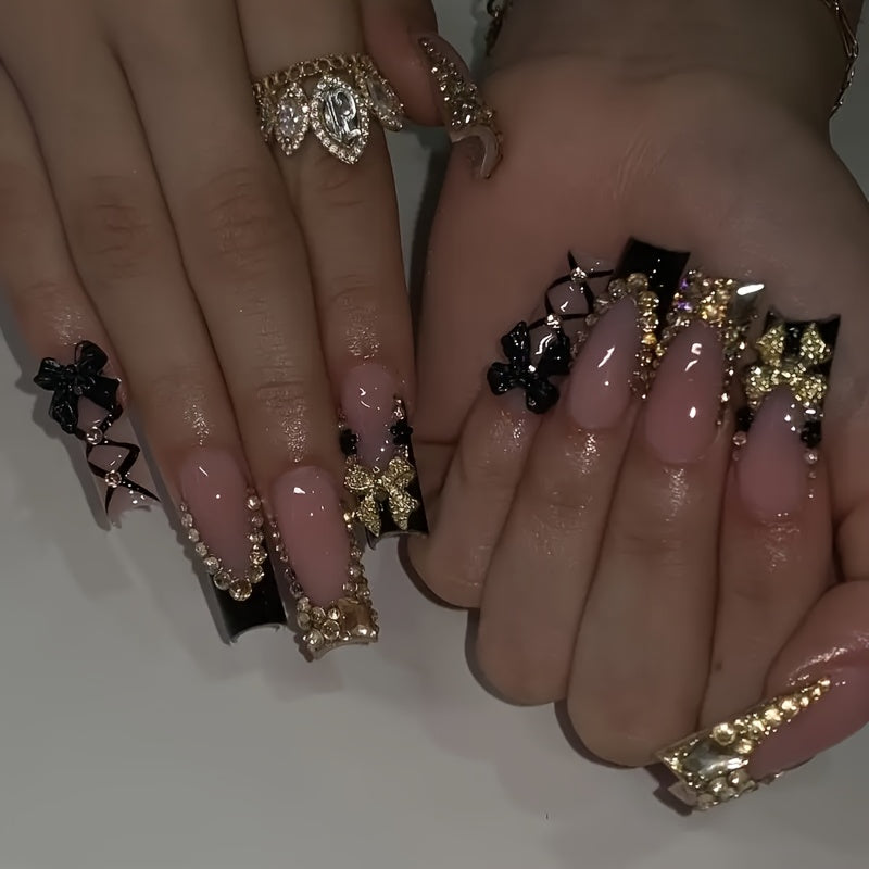 10pcs Glamorous Press-On Nails with Black, Golden Accents - Delicate Bows, Rhinestones & Intricate Patterns, Nude Base, Black Tips, Opulent Golden Details for Special Occasions, Elegant Nail Art, Sophisticated Manicure, Highe