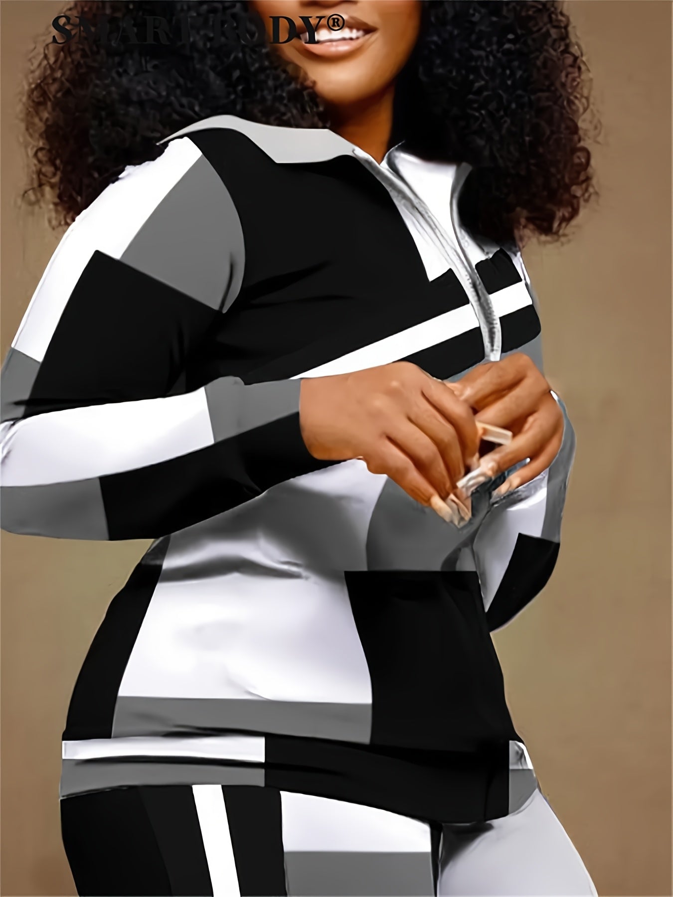 Chic Geo Print Casual Two-piece Tracksuit Set, Women Zip Up Long Sleeve Tops Jacket & Long Flare Pants Outfits, Geometric Plaid Patchwork Matching 2pcs Casual Sweatsuits, Color Block Zipper Jackets And Wide Leg Jogger, Women'